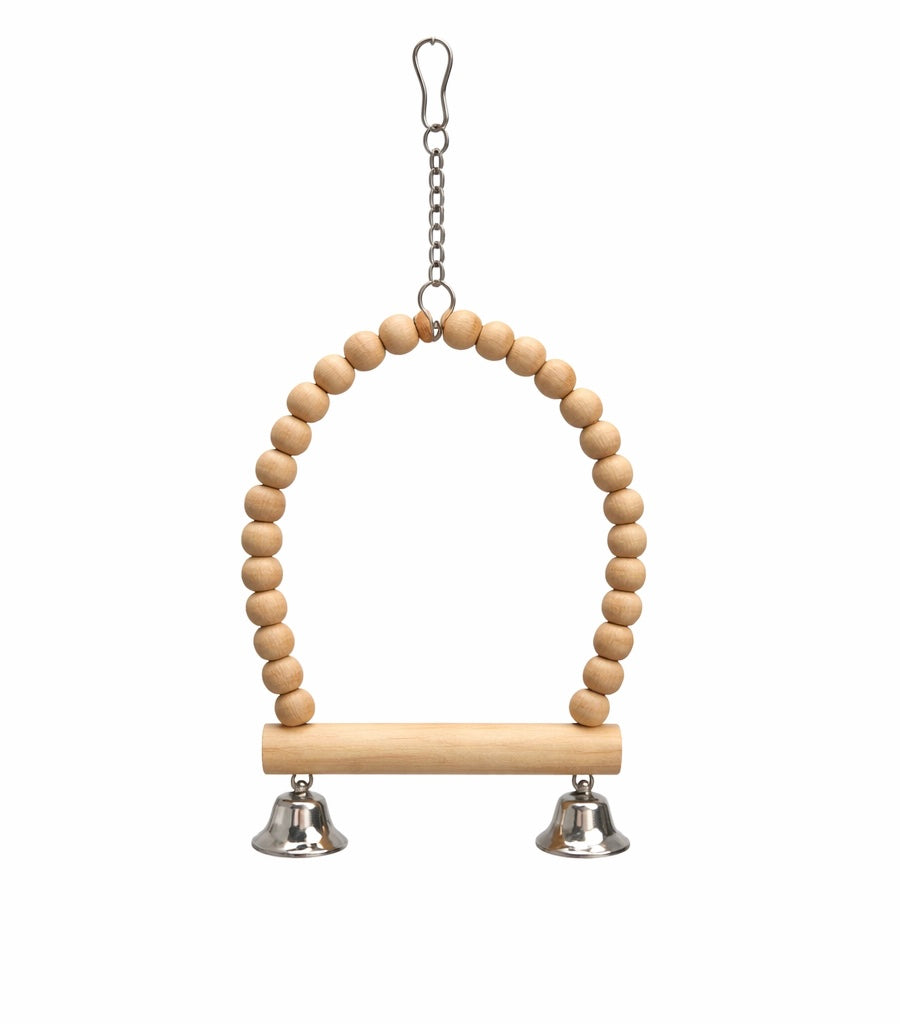 Luonnollinen puinen lintukeinu helmillä ja kelloilla